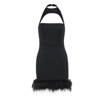 Hollow out halter fluffy backless button solid cut out mini dress