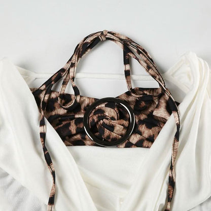 Long sleeve halter self tie leopard print cowl neck top