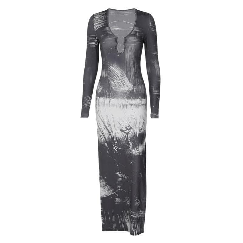 Slit long sleeve contrast o ring u neck maxi dress-final-sale