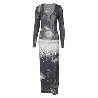 Slit long sleeve contrast o ring u neck maxi dress-final-sale