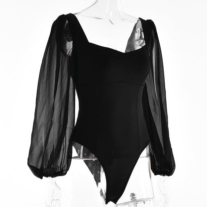 Solid v neck long sleeve mesh backless bodysuit