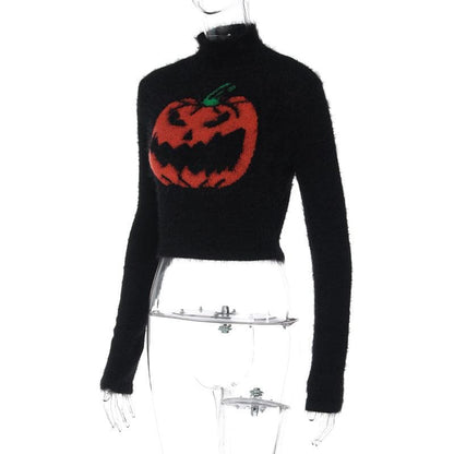 Long sleeve high neck fluffy pumpkin pattern contrast top