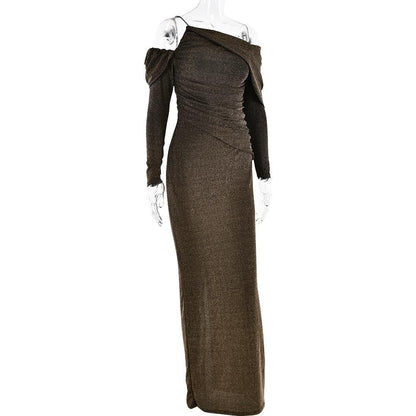 Long sleeve off shoulder irregular glitter ruched cami maxi dress