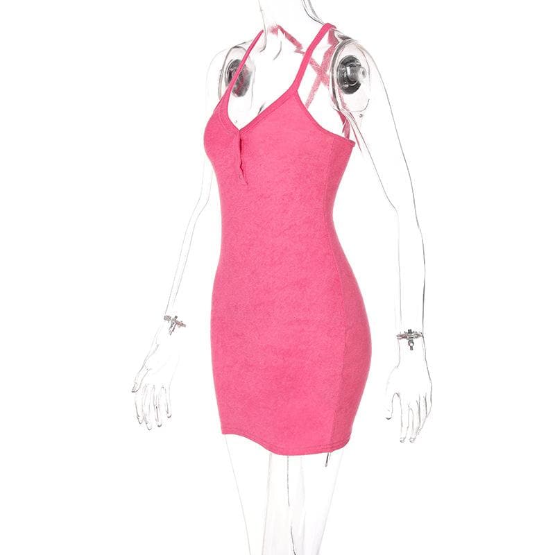 Deep V Cross Back Button Front Textured Mini Dress