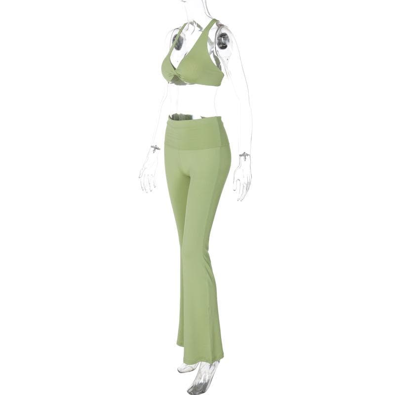 Halter v neck ruched crop cross back pant set