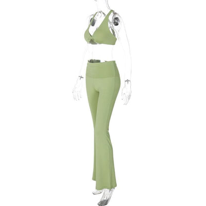Halter v neck ruched crop cross back pant set