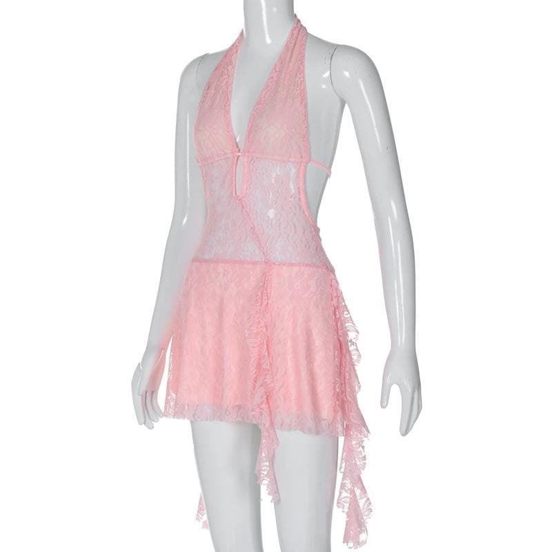 Deep V Halter Lace Up Sheer Ruffle Hem Mini Dress