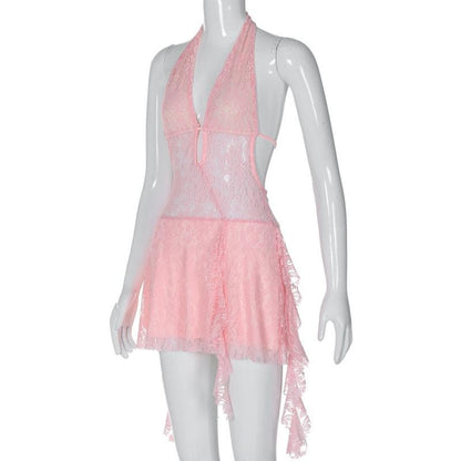 Deep V Halter Lace Up Sheer Ruffle Hem Mini Dress