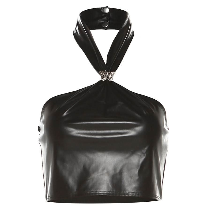 Halter PU leather button butterfly applique top