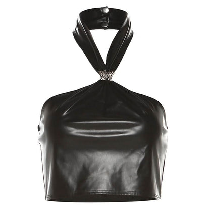 Halter PU leather button butterfly applique top
