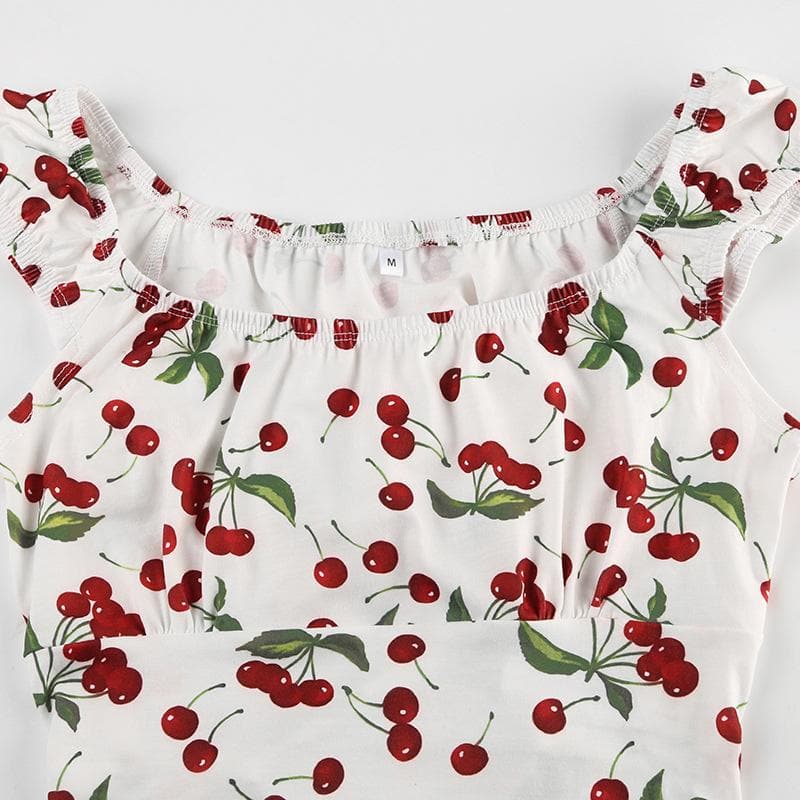 Cap sleeve u neck cherry print lace up top