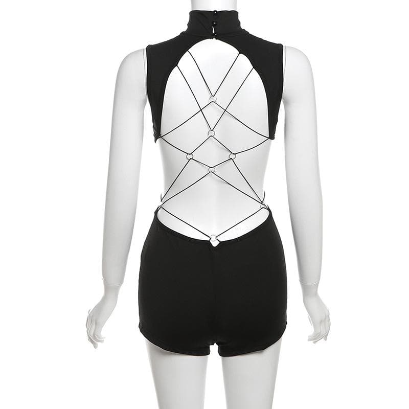 Sleeveless high neck button backless romper