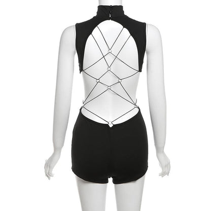 Sleeveless high neck button backless romper
