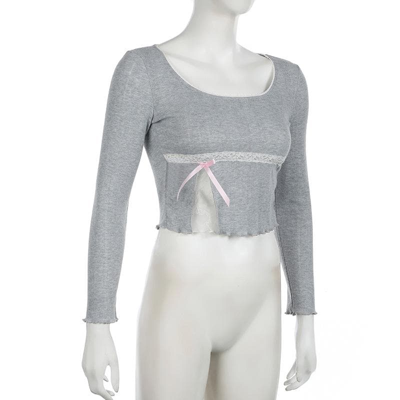 Long sleeve textured lace hem bowknot top