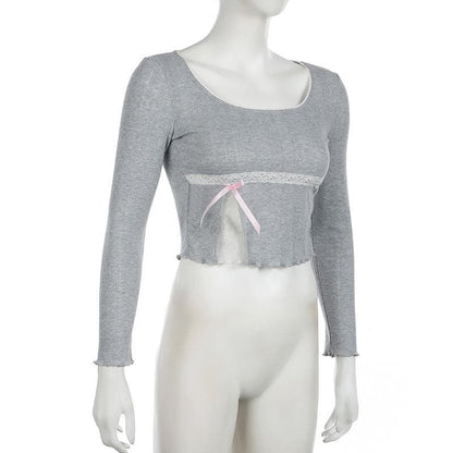 Long sleeve textured lace hem bowknot top