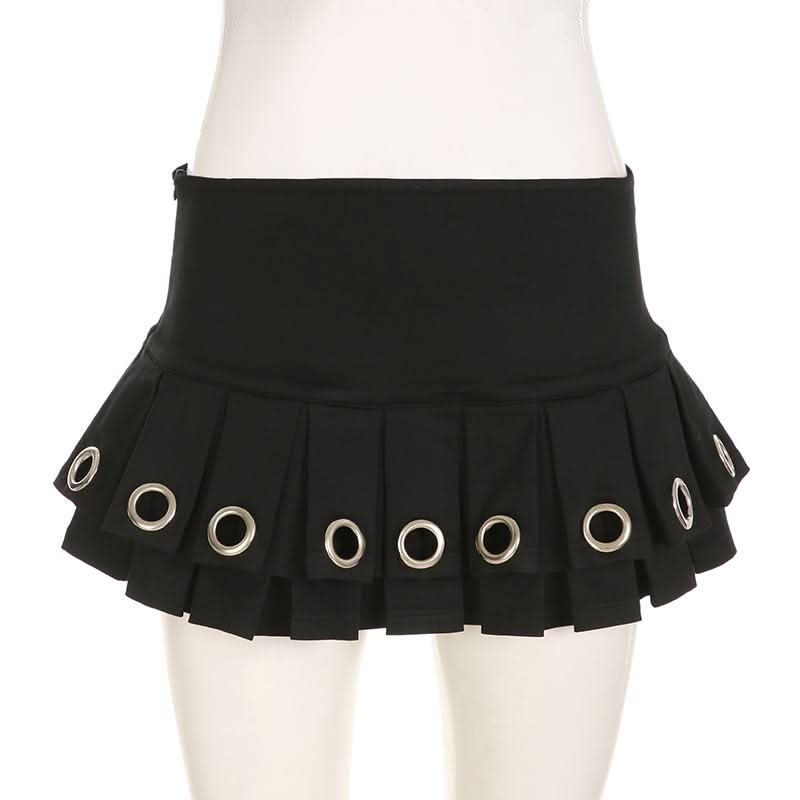 Pleated metal ring zip-up mini skirt