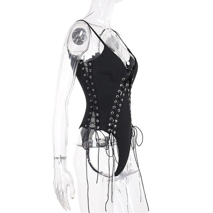 V neck lace up hollow out solid cami bodysuit