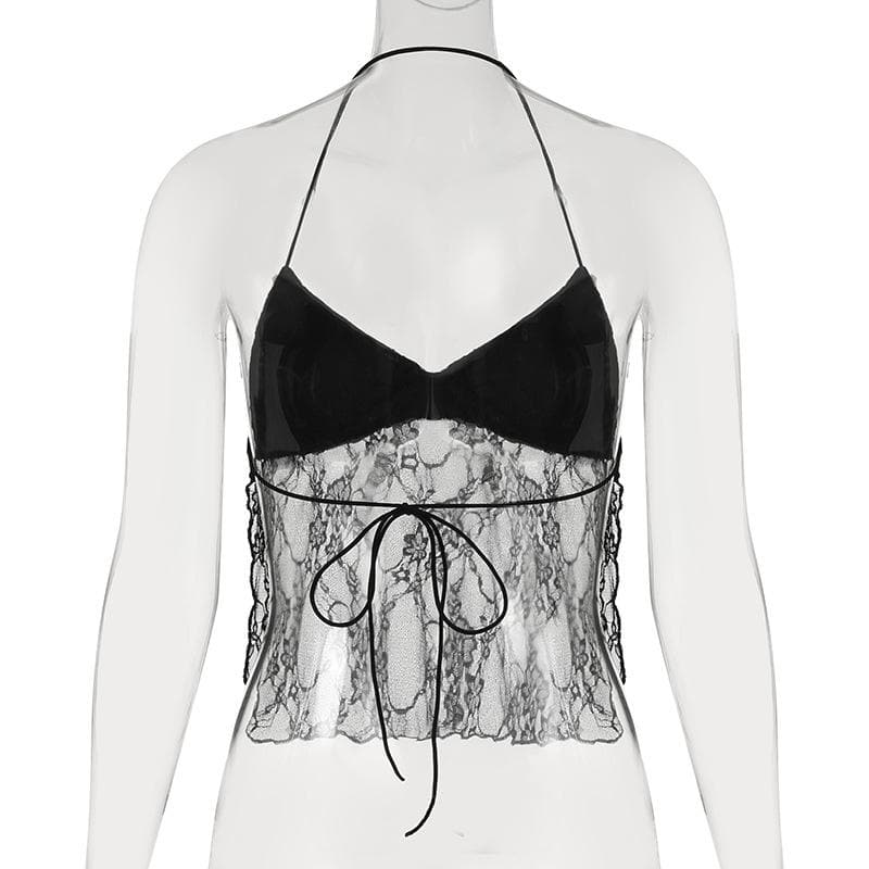 Halter backless lace hem crop top