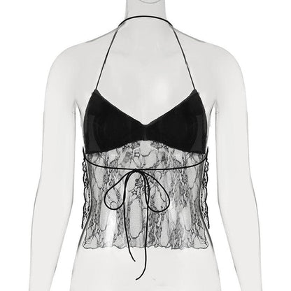 Halter backless lace hem crop top