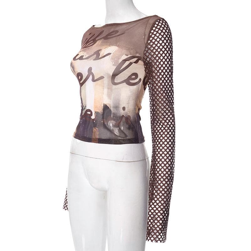 Fishnet long sleeve hollow out mesh contrast cut out top