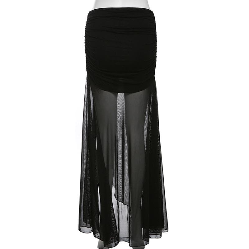 Mesh ruffle ruched slit solid maxi skirt