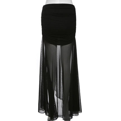 Mesh ruffle ruched slit solid maxi skirt