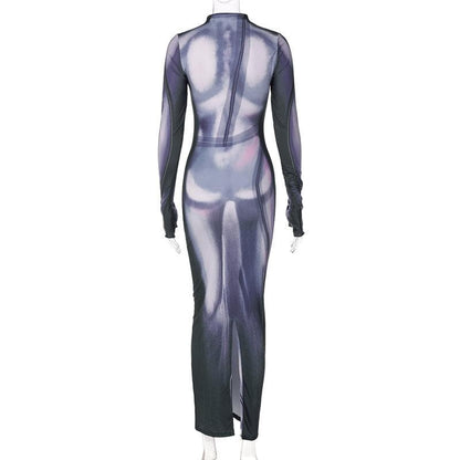 Mock Neck Long Sleeve Thumbhole Bikini Silhouette Body Print Bodycon Maxi Dress