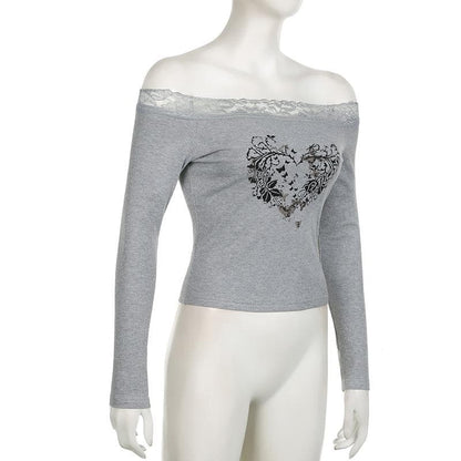 Long sleeve off shoulder ribbed heart pattern lace hem top