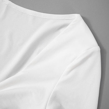 Long flared sleeve ruched v neck solid mini dress