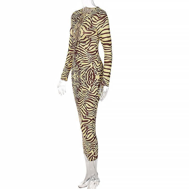 Long Sleeve Lace Up Zebra Print Bodycon Maxi Dress