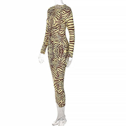 Long Sleeve Lace Up Zebra Print Bodycon Maxi Dress