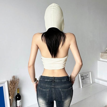 Hoodie v neck ruched drawstring metal tag top