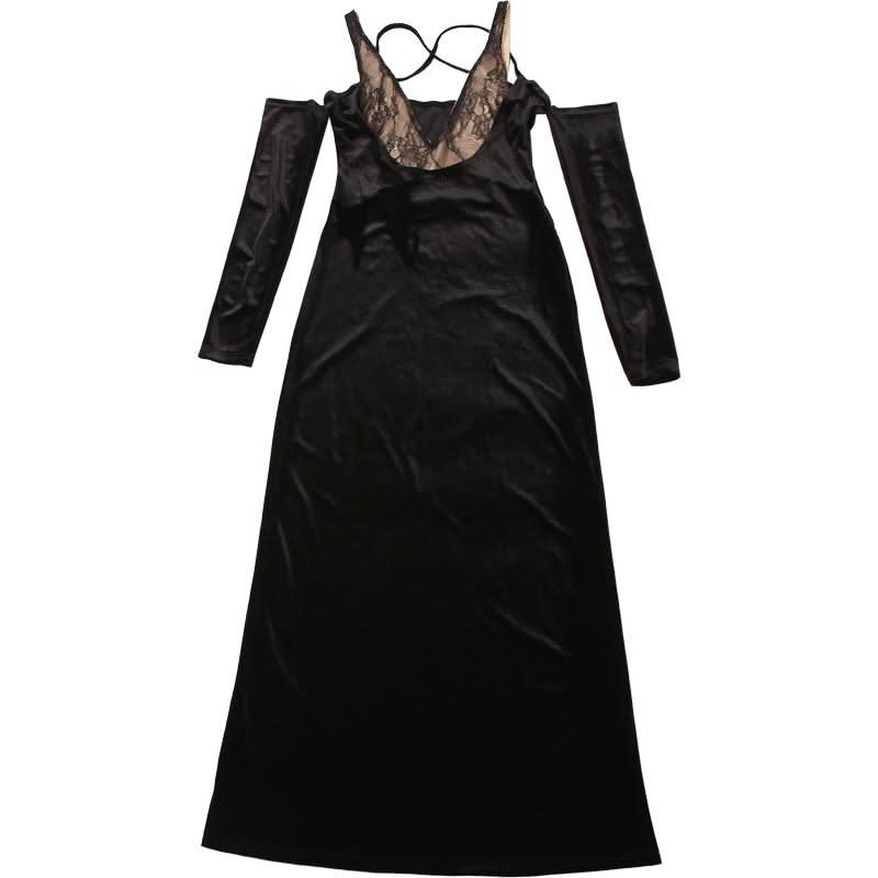 Off shoulder v neck velvet lace hem cami maxi dress