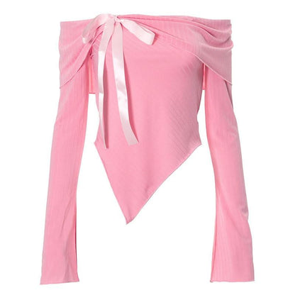 Irregular off shoulder bowknot ribbon long sleeve top