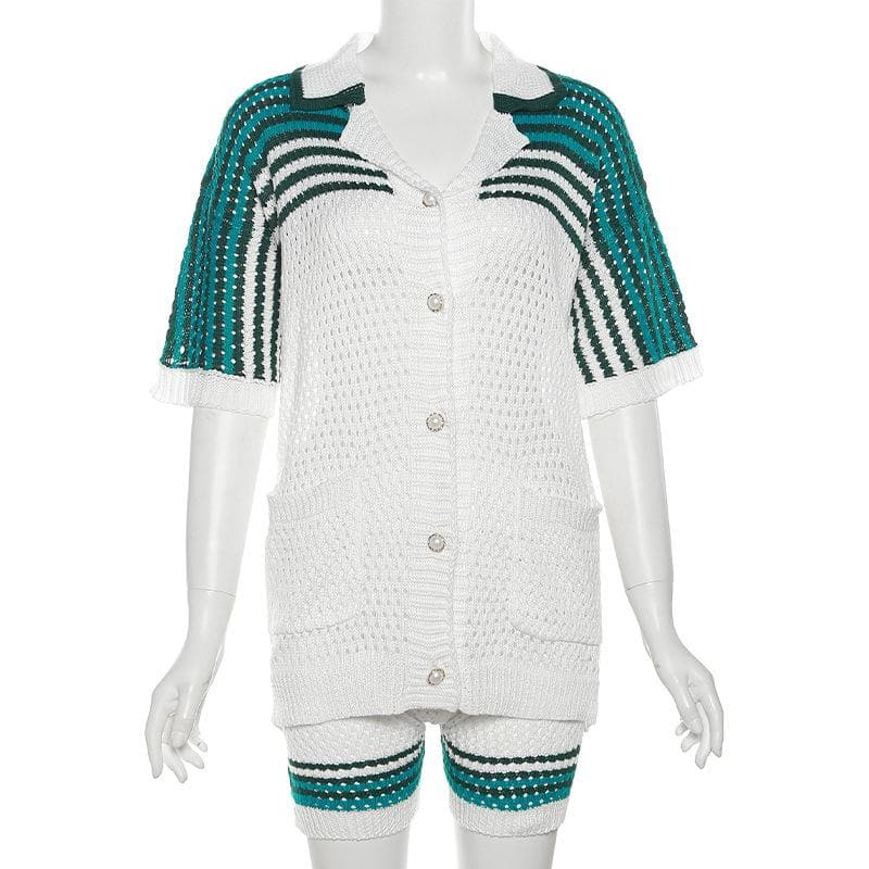 Turnover collar short sleeve button hollow out pant set