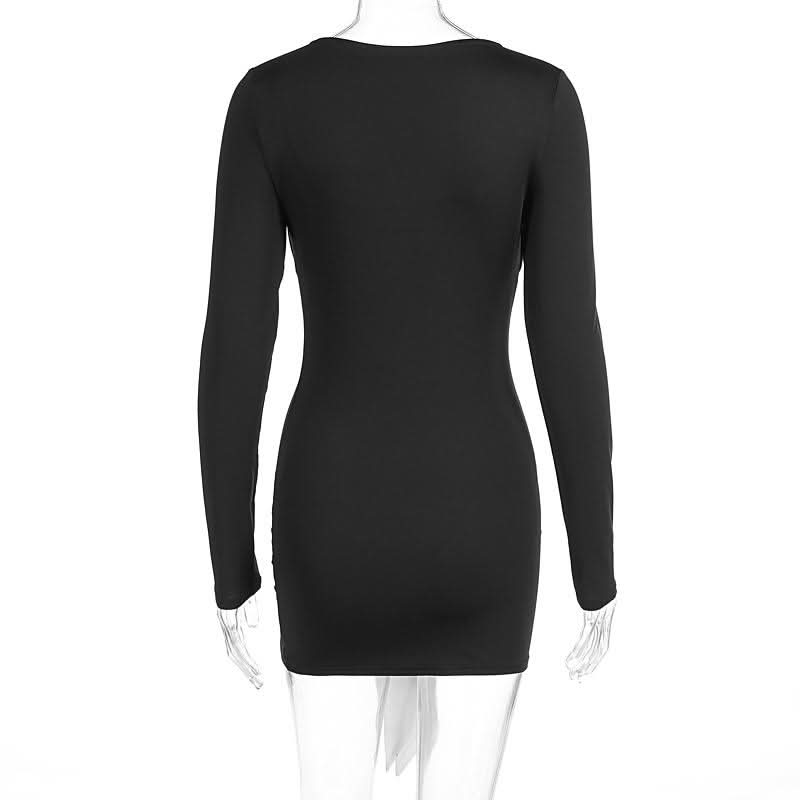 Bowknot long sleeve lace hem v neck mini dress