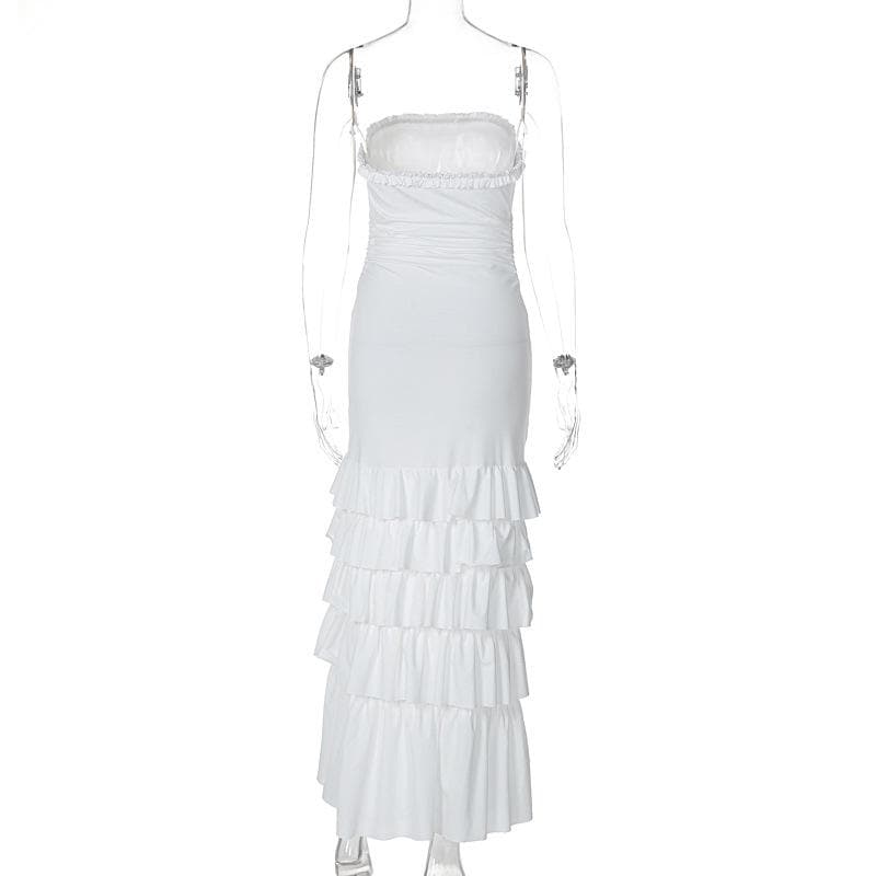 Ruffle ruched slit backless tube midi dress