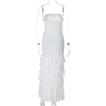 Ruffle ruched slit backless tube midi dress