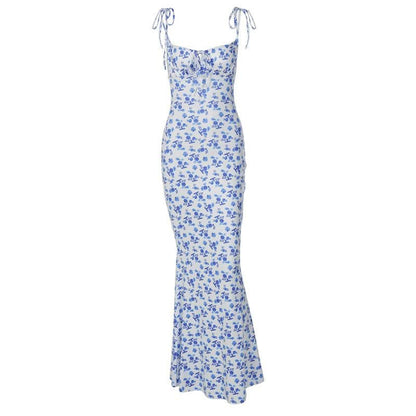 Flower print self tie backless mermaid hem maxi dress