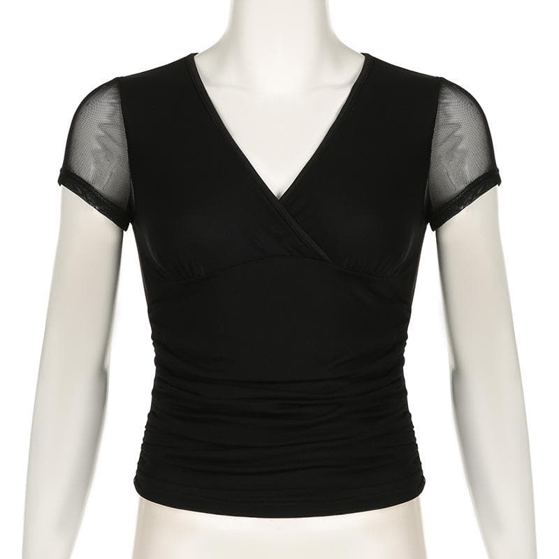 Short sleeve v neck mesh ruched solid top