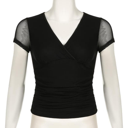 Short sleeve v neck mesh ruched solid top
