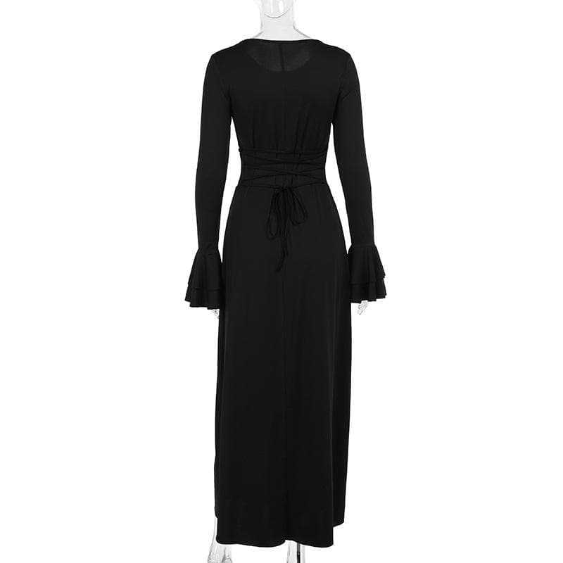 Long flared sleeve round neck lace up maxi dress