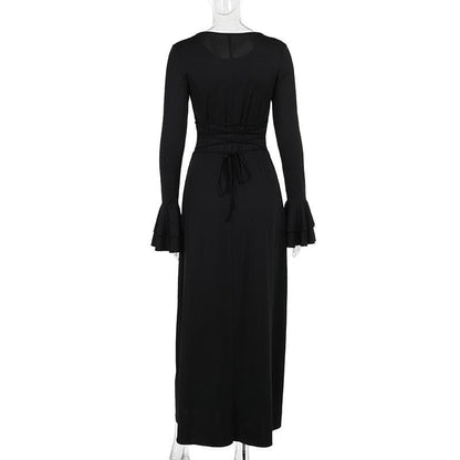 Long flared sleeve round neck lace up maxi dress