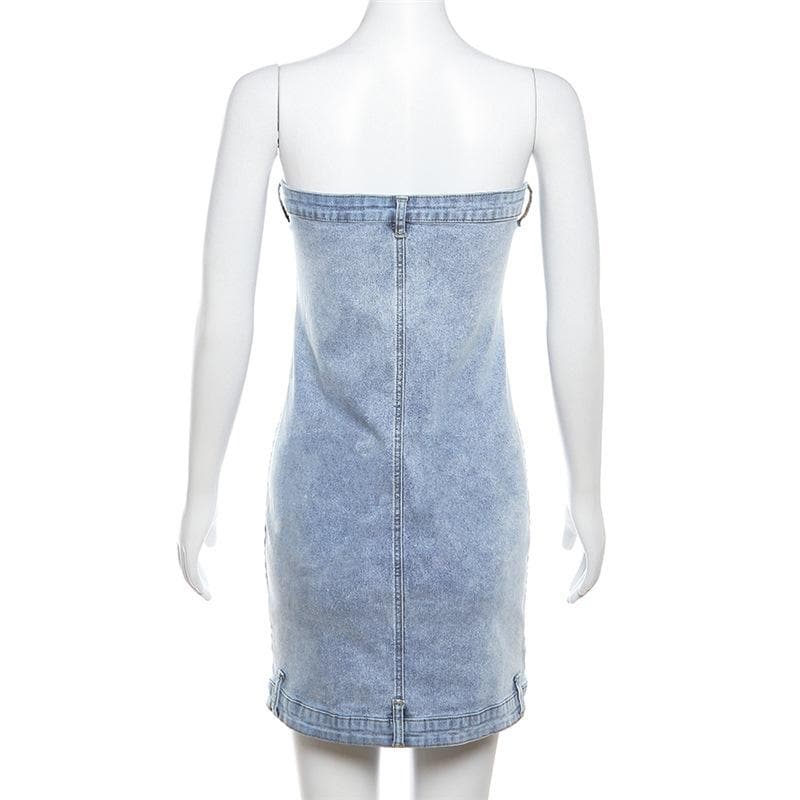 Button zip-up backless denim tube mini dress