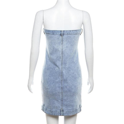 Button zip-up backless denim tube mini dress