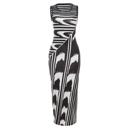 Striped contrast sleeveless round neck maxi dress-final-sale