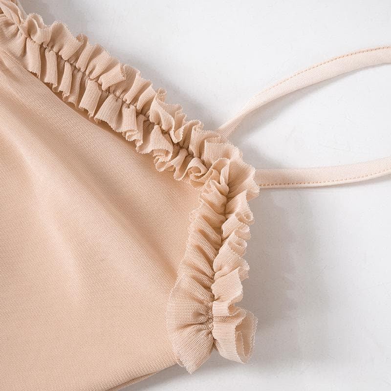 Ruffle ruched lace hem hollow out cami cut out maxi dress