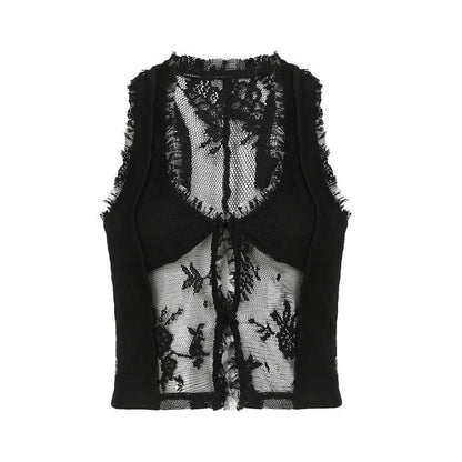 U neck lace ruffle hollow out tank cut out top