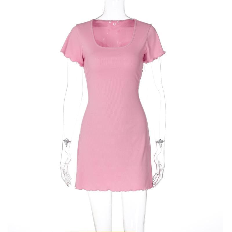 Short sleeve u neck ribbed knotted mini dress