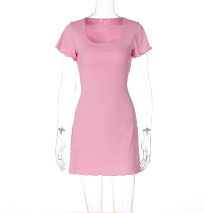 Short sleeve u neck ribbed knotted mini dress
